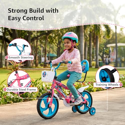 Image of Amazon Brand - Jam & Honey 14T Bicycle for Kids | Sturdy Steel Frame | EVA Tyres | Adjustable Seat & Handlebar | Training Wheels | Front Storage Basket | Pink | for Ages 5+ Years