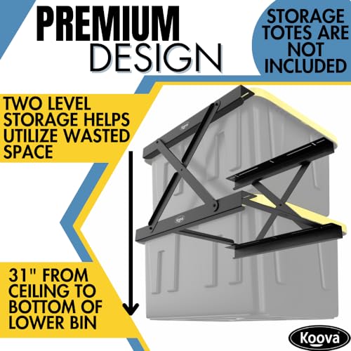 Image of Koova Dual Rail Heavy Duty Overhead Garage Storage System - Stacking Overhead Storage Rails, Made in USA, Easy Installation, Hardware Included, Tote Bin Storage Solution