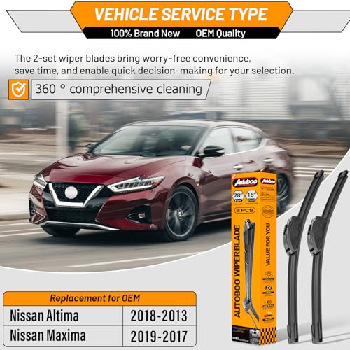 Image of AUTOBOO Windshield Wiper Blade Replacement for Nissan Altima Maxima | Fits Altima 2013-2018 & Maxima 2017-2019, 28 inch+16 inch, 2-pack, OEM quality, all-season performance, easy install