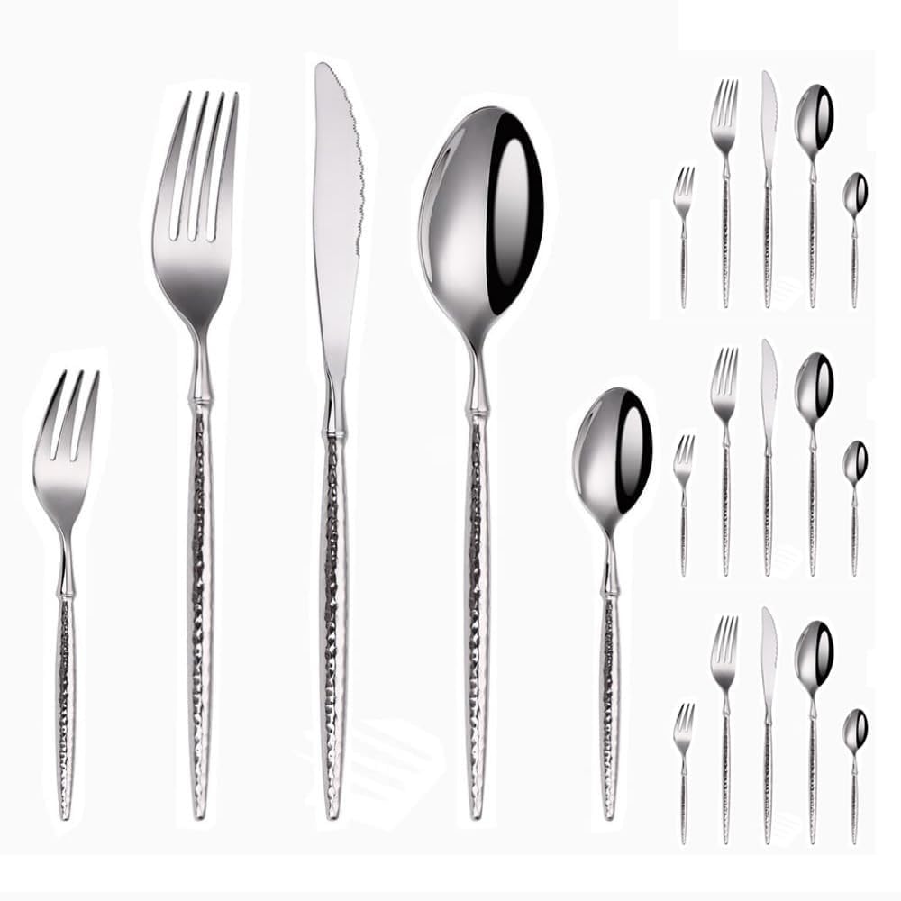 Manico Solido Martellato/lucido Cucina Acciaio Inossidabile Posate Stoviglie Posate Coltelli Forchette Cucchiai Set Cucchiaio E Forchetta Da Dessert Da Cucina (Manico a forma di martello,20 pezzi)