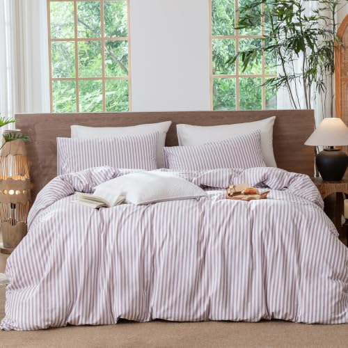 Image of MooMee Striped Duvet Cover Set 100% Washed Cotton Linen Like Queen | Relaxed Linen-like Texture. Soft, Breathable & Long-lasting Comfort. Lightweight. Hidden Zipper with 8 Interior Corner Ties