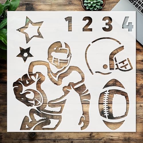 Football Stencil – Reusable Sports Craft Template with Player, Helmet, Ball, Stars & Numbers for Painting on Wood, Shirts, Paper & Team Projects