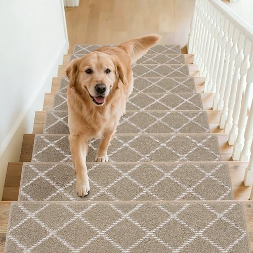 BEQHAUSE Stair Treads for Wooden Steps Non Slip Machine Washable Stair Treads Soft Polyester Carpet Stair Tread 28x9in for Elders, Kids and Dogs with Self-Adhesive Backing, 15pcs, Beige