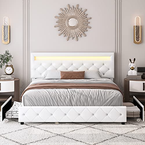 Keyluv Queen Upholstered Led Bed Frame With 4 Storage Drawers And Adjustable Crystal Button Tufted Headboard, Platform Bed With Solid Wooden Slats Support, No Box Spring Needed, White #TOP1