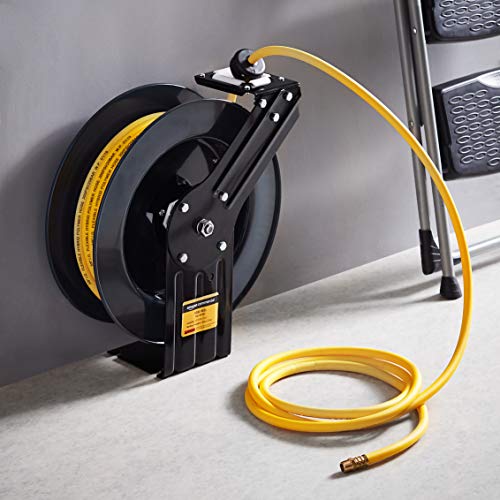 Amazoncommercial Air Tool Hose Reel Water Retractable Steel 3/8” Inch X 50’ Feet Premium Commercial Flex Hybrid Polymer Hose, Max. 300 Psi Heavy Duty Spring Driven Construction #TOP5