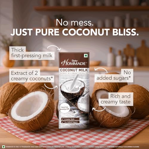 Image of Dabur Hommade Coconut Milk - 800ml (200ml x 4) | Extract of 2 Creamy Coconuts | No Added Sugar | Creamy Taste (Pack of 3)