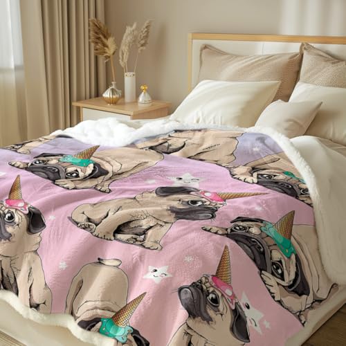 Sleepwish STR0116659043 Pink Pug Blankets For Kids Girls Puppy Dog Fleece Sherpa Blanket Fuzzy Blanket With Pug Dogs Pug Fluffy Blankets Warm Plush Throw Blankets Unicorn Pug Gifts thumb #1