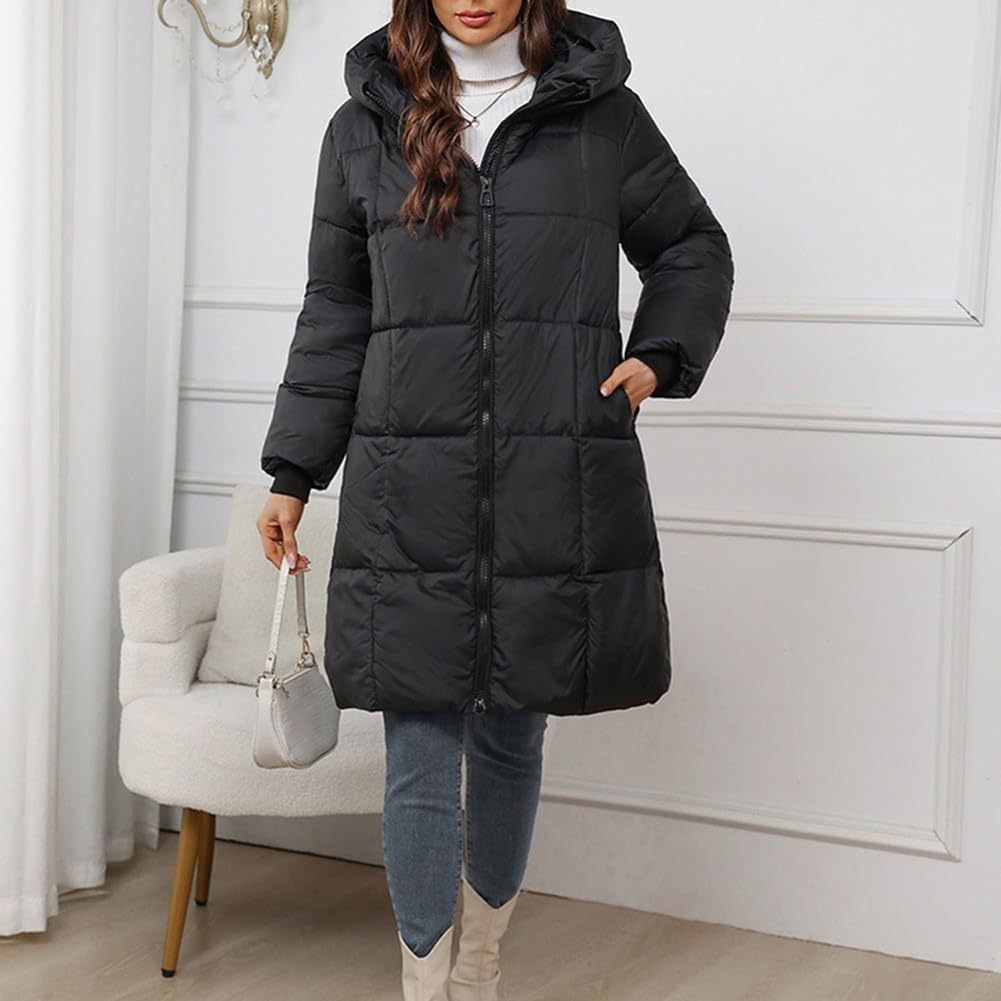 Piumino lungo da donna con cappuccio, parka invernale spesso e caldo, giacca imbottita con doppia cerniera, abbigliamento casual, per uso quotidiano nero bianco kaki marrone