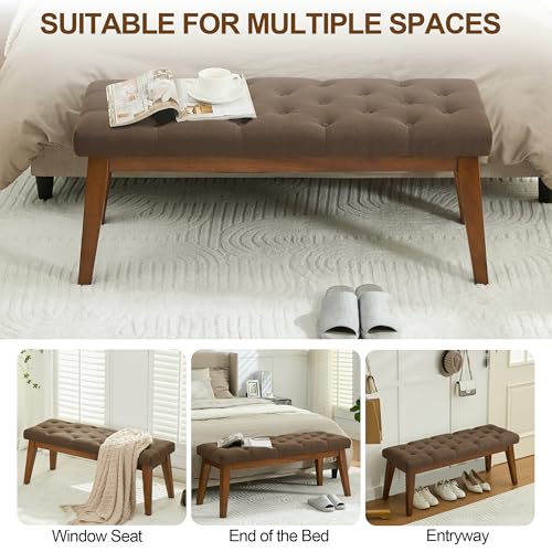 Image of WUTUTUEE 43.5'' Linen Bedroom Bench, Upholstered End of Bed Bench with Tufted Button, Padded Vintage Dining Bench, Entryway Bench with Solid Wood Legs, Kitchen, Living Room, Hallway, Brown Tufted