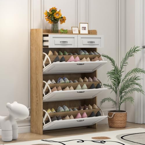 kozamas Zapatero para pasillo, zapatero, color blanco natural, 23,5 cm de profundidad, estante giratorio con 2 cajones, con cierre de seguridad, muy estrecho