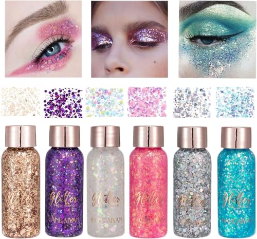 Owelth 6 Colores Gel Purpurina Cara, Glitter Gel Corporal Pelo Cabello Uñas Maquillaje, Chunky Sirena Lentejuelas Purpurina Líquida, para Halloween Festival Masquerade Cumpleaños