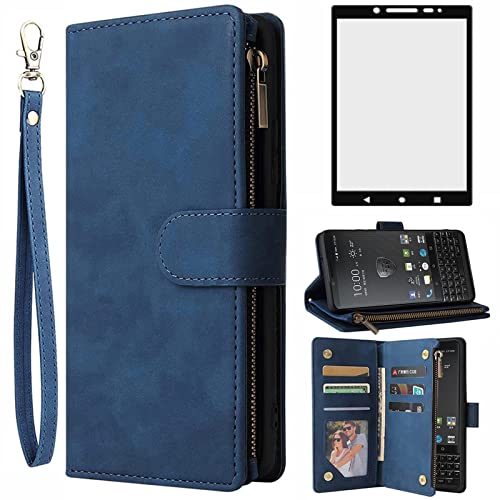 Asuwish Coque pour Blackberry KEY2 Portefeuille avec Verre Trempé et Porte Carte Chaine PU Cuir à Clapet Étui Housse Support Key 2 Two KEYtwo Vitre...