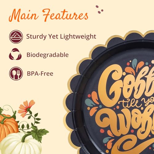 Image of Confettiville Thanksgiving Paper Plates, 50-Count Disposable Thanksgiving Dinner Plates, Scalloped, Party Supplies, Gobble Til' You Wobble