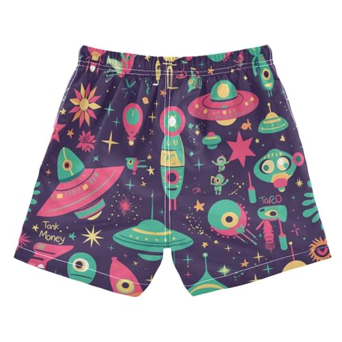 UFO Aliens Rockets Cartoon Purple Bathing Suit for Boy Youth Teen Beach Shorts Lightweight with Pocket Swimwear 2T2