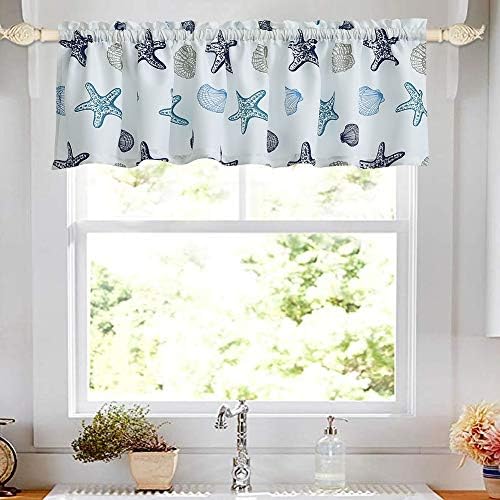 OREMILA Kitchen Valances for Windows 54" x 15" Multicolor Starfish Seashell Conch Window Valances for Living Room/Kitchen/Bathroom, Rod Pocket, Blue