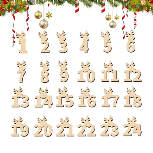 25 Stück Adventskalender Zahlen Holz Set Rentier Zahlen Holzanhänger 124 Adventskalender Sticker Holz Weihnachtsdeko zum Basteln & Aufhängen
