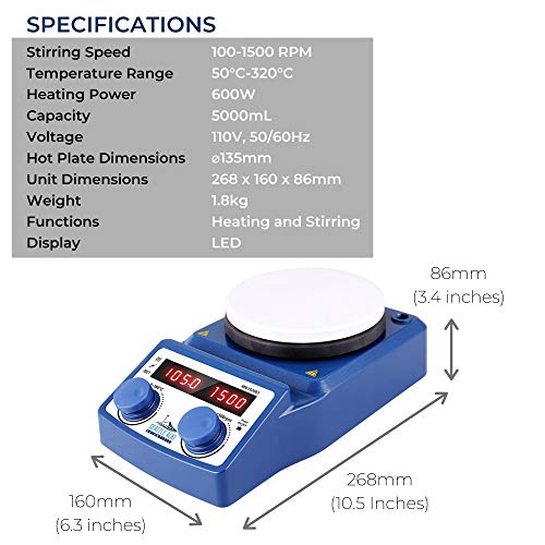 Seattle Alki Scientific Digital Magnetic Hotplate Stirrer | LED Display | 5L Ceramic Hot Plate | 100-1500RPM | Temperature Probe | by Fristaden Lab - Thumbnail 6