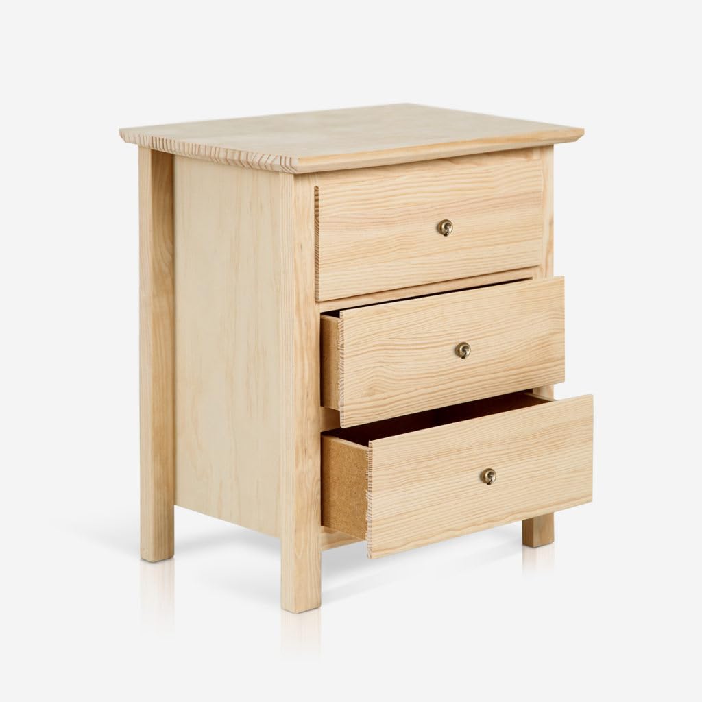 Mesita de Noche de 3 cajones Fabricada en Madera de Pino Silvestre acabada en Verde Turquesa Envejecido no Requiere Montaje