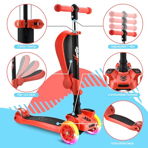 Image of Hurtle 3-Wheeled Scooter for Kids - Wheel LED Lights, Adjustable Lean-to-Steer Handlebar, and Foldable Seat - Sit or Stand Ride with Brake for Boys and Girls Ages 1-14 Years Old