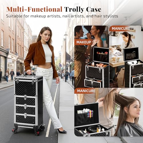 Image of Rolling Makeup Train Case with Drawers Cosmetology Case on Wheels | 4 in 1 Large Cosmetic Organizer for Hairstylist,Makeup Artist Nail Trolley Cart Salon Storage Traveling Cart Trunk