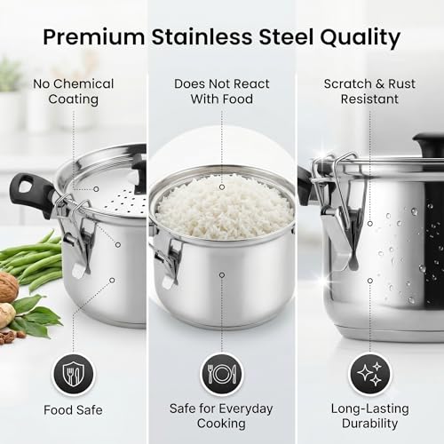 Image of MYNAKSHA Stainless Steel Strainer Pot with Lid, Heavy Base Rice Cooker with Locking Handles, Induction & Gas Compatible, Drain Easily, Ideal for Pasta, Lentils,Noodles & Vegetables - 4.6 L