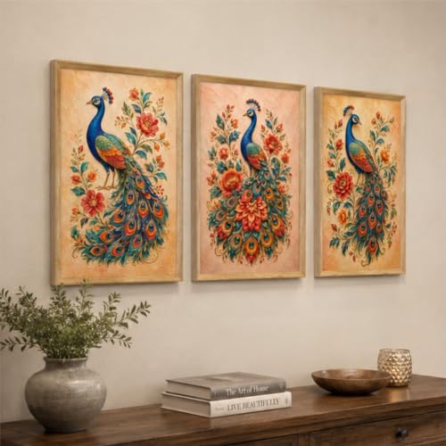 Image of Livin'luxe Set of 3 Peacock Floral Wall Paintings for Living Room Bedroom Home Decor with Premium Wooden Color Synthetic Frame, Ethnic Art (13.5 x 19.5 Inch) NM03-66