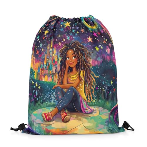 Image of jejeloiu Cute Black Drawstring Backpack 13x15.7inch African American Waterproof Gym Drawstring Bags Cartoon Sports String Backpack Beach Swim Travel Bag Sackpack(No Glitt