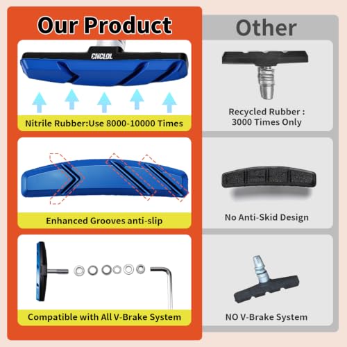 Image of Chooee Bike V-Brake Pads, Bicycle 70mm Brake Blocks Set, 2 Pairs Universal Brake Shoes