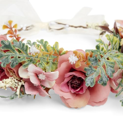 Image of Radhu & Kabby Dusty Pink Floral Hair Tiara for Women | Artificial Roses & Greenery with Ribbon Tie | Elegant Crown for Weddings, Photoshoots, Garden Parties & Festive Looks | 1 Pc