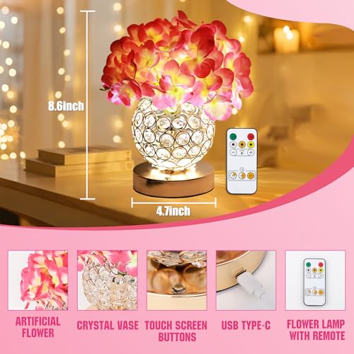 Image of 3-Color Artificial Hydrangea Flower Lamp with Remote, Rechargeable Night Light, Gold Crystal Rhinestone Vase Table Lamp for Bedroom Living Room Decor, Birthday Mothers Day Gifts for Women