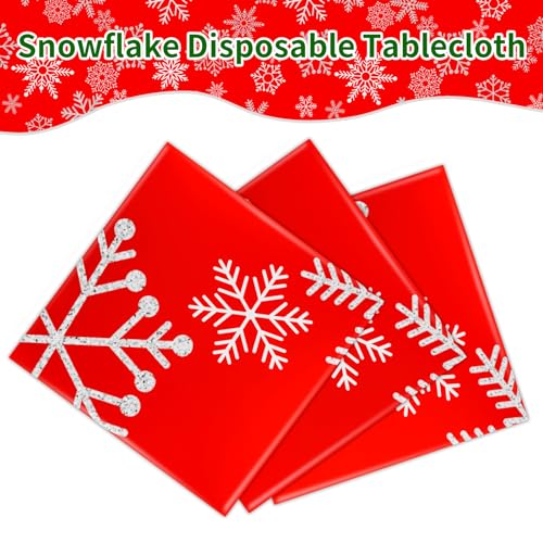 DYLIVeS 3 Pcs Red and Silver Snowflake Tablecloths, Christmas Frozen Snowflake Table Cover Disposable Plastic Winter Holiday Table Cloth for Christmas Birthday Party Decoration Supplies, 54 x 108 Inch – Image 4