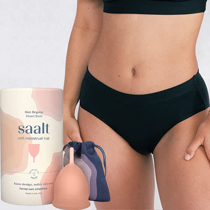Saalt Soft Menstrual Cup (Desert Blush, Regular) & Cotton Brief Period 100% Cotton Underwear (Medium) - Best Sensitive Reusable Period Cup - Wear for 12 Hours - Tampon and Pad Alternative