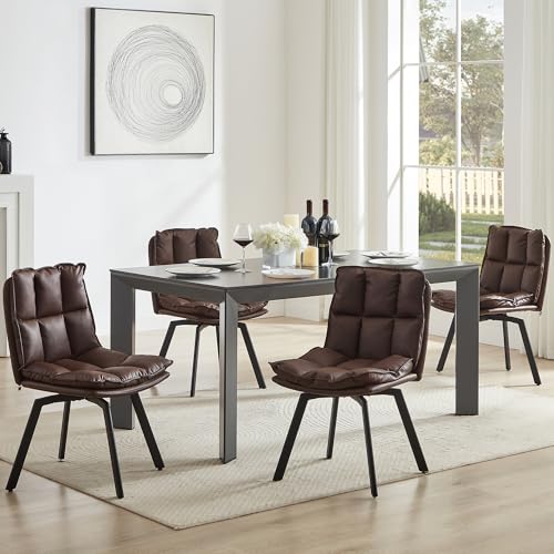 BedsPick Swivel Dining Chair Set of 4 - Faux Leather Upholstered Kitchen Chair, Mid Century Modern Dining Room Chair with Rotating Seats and Metal Legs (Brown)