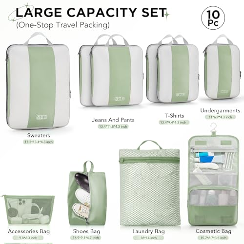 Image of OlarHike 10-Pack Compression Packing Cubes for Travel Essentials,Compressible Expandable Packing Cubes for Suitcase,Luggage Garment Bags for Travel,Handy Helper for Organizing Clothes(Matcha Green)