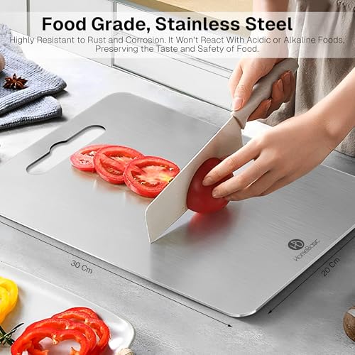 Image of HomeBasic Steel Chopping Board 30x20 cm | Food Grade Stainless Steel, Double-Sided, Dishwasher Safe | Cutting Board for Vegetables, Meat & Fish | Non-Porous, Rust Proof, Portable Handle