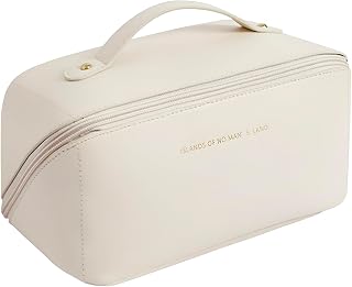 Necessaire Feminina de Couro, Estojo de Maquiagem e Cosméticos, Porta Objetos, Bolsa para viagem à Prova d'água - Linha Premium Occhioro (Bege)
