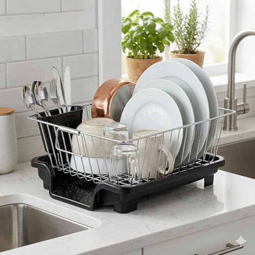 Image of Premium Stainless Steel Dish Rack for Kitchen | Dish Drying Rack with Draining Tray & Cutlery Holder | Space Saving Utensil Stand | Bartan Organizer Basket with Handle