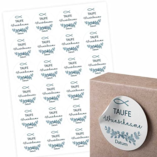 24 Stück Aufkleber zur Taufe - Personalisierte Aufkleber mit Namen und Datum für die Geschenke Ihrer Gäste - 4,5 cm Runde Papieraufkleber Etiketten (Fisch) Cover