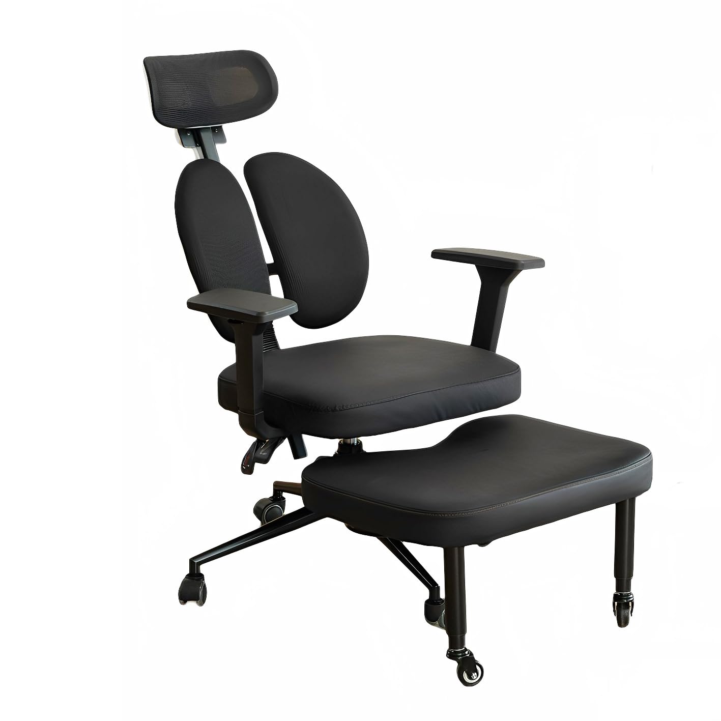 Ergonomischer Kniestuhl mit Rückenlehne, Schwarz, Bürostuhl mit Armlehnen und Fußstütze, Verstellbarer Doppelrücken-Kniehocker auf Rollen