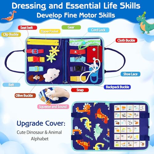 Image of SHINETOY Montessori Busy Board for Toddlers | 8-Page Sensory Activity Book | Fine Motor Skills, Clock, Shapes, Numbers, Alphabet & Life Skills | Dinosaur Theme Travel Learning Toy for Kids 3-6