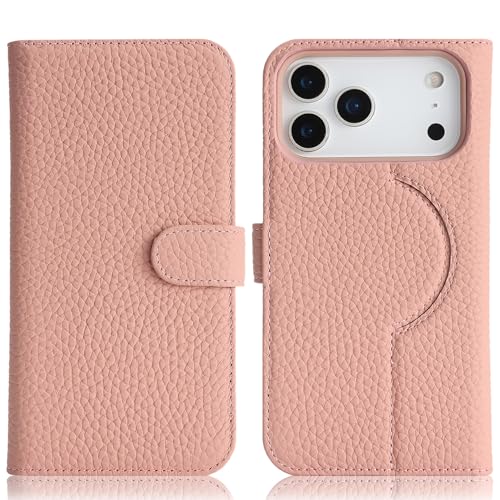 Image of Detachable Genuine Leather Case for iPhone 17 Pro Wallet Case Magnetic 2in1 Removable Flip Cover Book Purse Compatible with Magsafe Charging Kickstand Card Holder-Pink