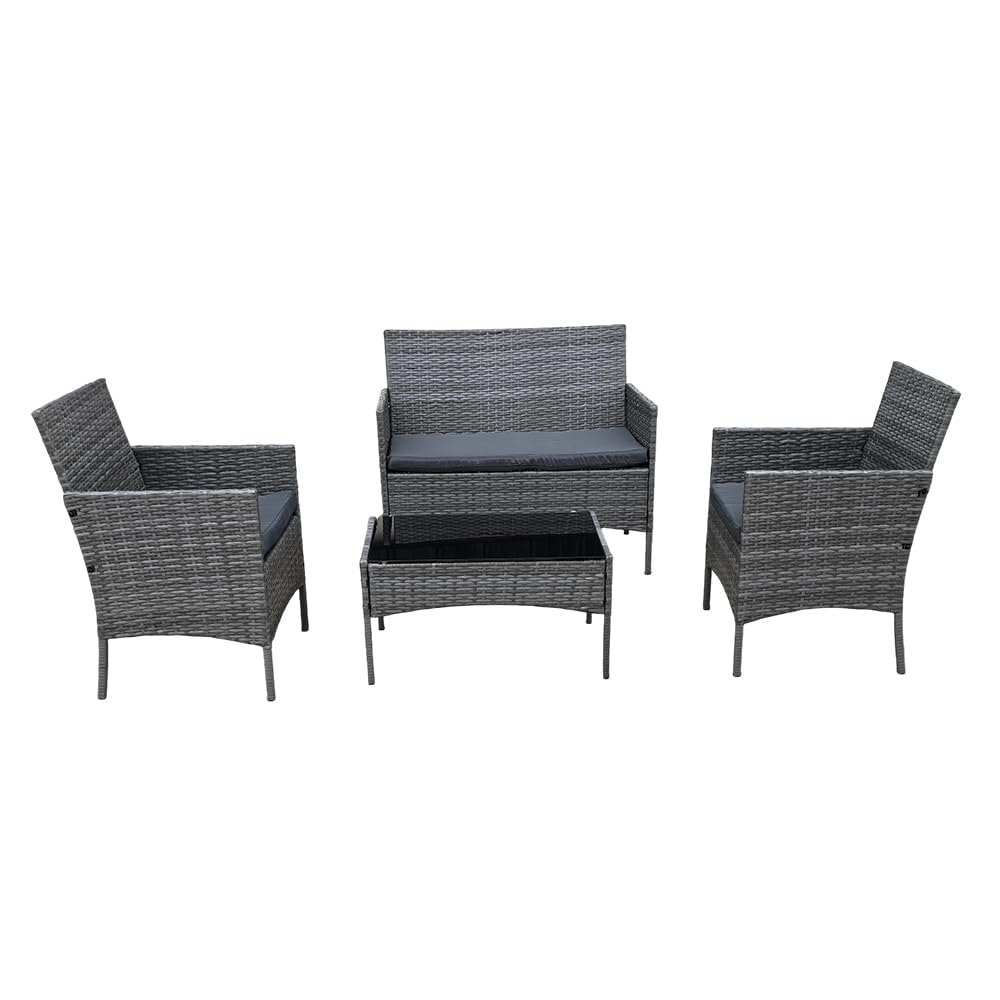 Rattan Garden Furniture Sofa Set with Coffee Table Chairs 4 Seater for Outdoor Patio Balcony 6210-B (Mixed Grey+Dark Grey Cushions)