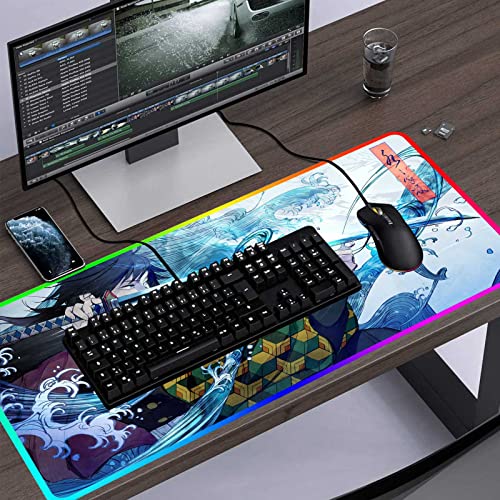 Rgb Large Gaming Mouse Pad Anime Giyu Sword,Laptop Desk Pad,Mousepad With Stitched Edge Frame & Non-Slip Rubber Base,Computer Keyboard And Mice Pads Mouse Mat 31.5X15.7 #TOP7