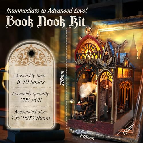 Image of Magic Train Station Book Nook Kit, 3D Wooden Puzzles for Adults with LED Light and Sound, Enchanted DIY Miniature Bookshelf Decor Experienced Players, Magical Book Gifts for Adults