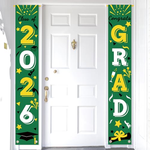 Image of Graduation Porch Banner Class Sign Congrats Grad Hanging Flags High School College University Party Decoration For Front Door Outdoor Green Gold