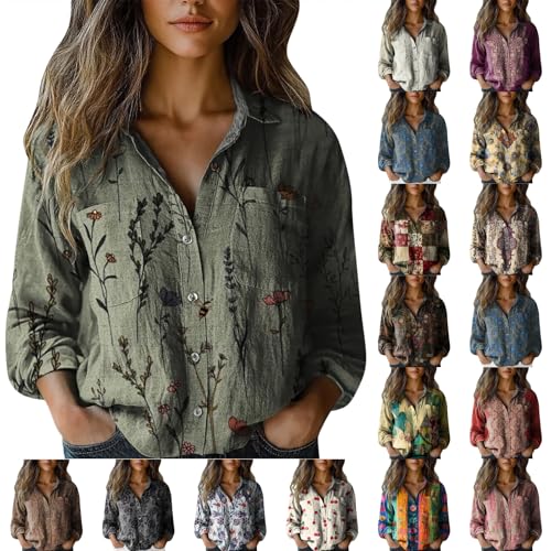 Womens Vintage Boho Tops Minimalist Print Long Sleeve V Neck Button Down Shirts Ethnic Blouses Casual Loose Tunics