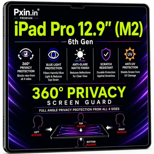 Image of Pxin 360 Pro Privacy Screen guard compatible with ipadpro12.9m2 | Anti Glare | Anti UV | Anti Blue | Anti Reflection | Privacy Filter | Unbreakable Build