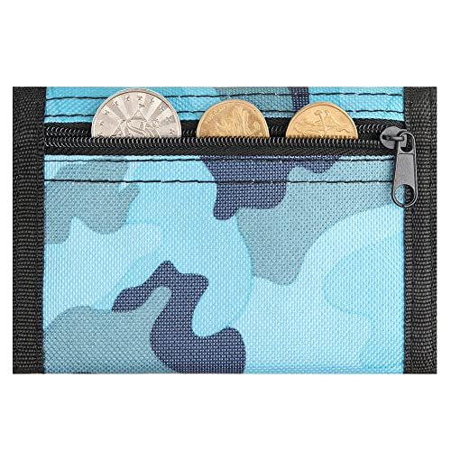 Image of Kids Wallet for Boys Girls Teens Trifold, Canvas Toddler Wallet for Boys, Cute Zipper Wallets Youth with Coin Pocket Card Holders, Novelty Wallets for Childrens Birthday Gifts, Camo blue, 3.15
