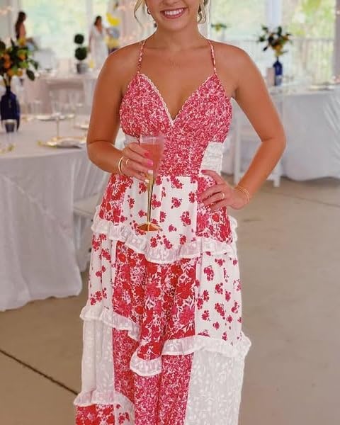 Image of Women Y2k Floral Smocked Maxi Dress Bow Tie Shoulder Tiered Ruffle Midi Sun Dress Boho Casual Beach Long Dresses