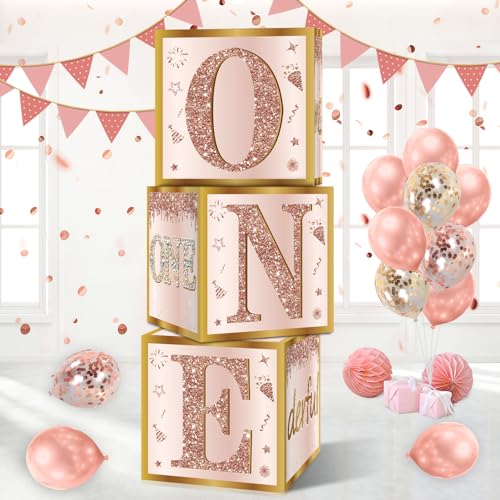 Image of Guiruiy 3Pcs 1st Birthday Boxes Decorations for Girls - Pink Rose Gold Miss Onederful Boxes, One Year Old Girl Birthday Theme Cardboard Balloon Box Decor